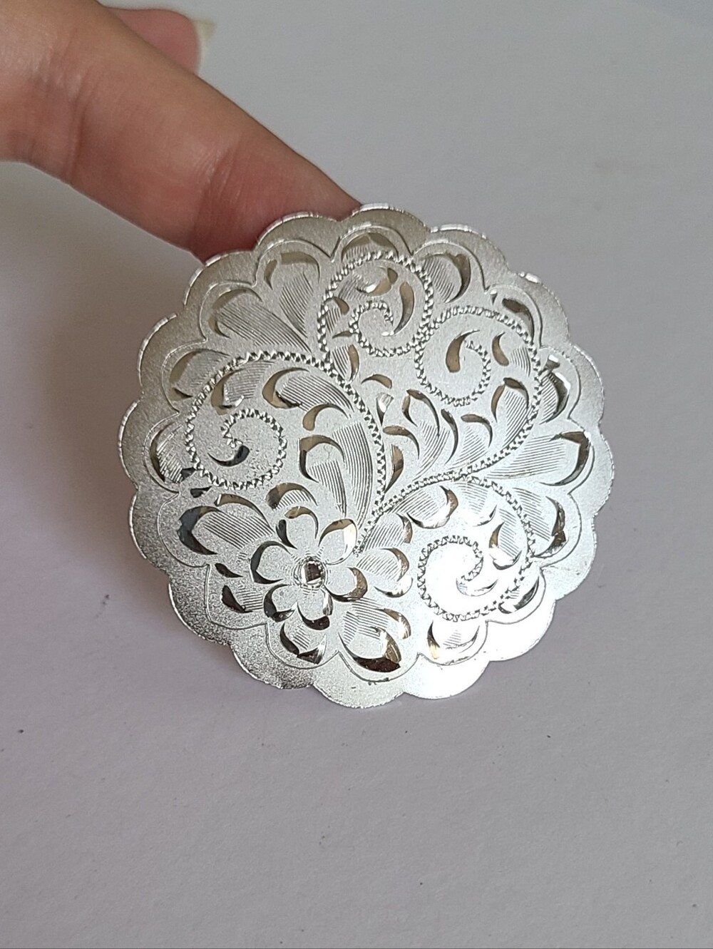 Vintage Forstner Sterling Silver Engraved Floral Scalloped Round Brooch Pin
